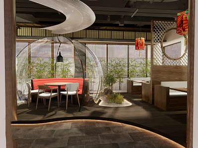 Modern Restaurant Interior With Transparent Spherical Dining Pod Red Sofa Bamboo Screens And Lantern Decorations 3d model