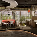 Modern Restaurant Interior With Transparent Spherical Dining Pod Red Sofa Bamboo Screens And Lantern Decorations