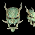 Two Turquoise Mythical Masks With Intricate Patterns Horns And Sharp Fangs On Black Background