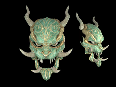 Two Turquoise Mythical Masks With Intricate Patterns Horns And Sharp Fangs On Black Background 3d model