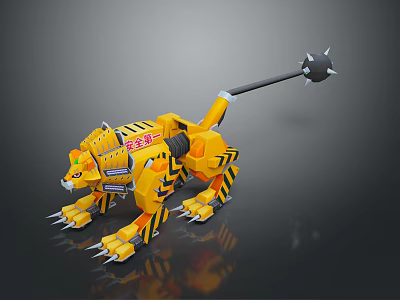 Yellow Mechanical Tiger Character With Spiked Tail Sharp Claws And Armored Features 3d model
