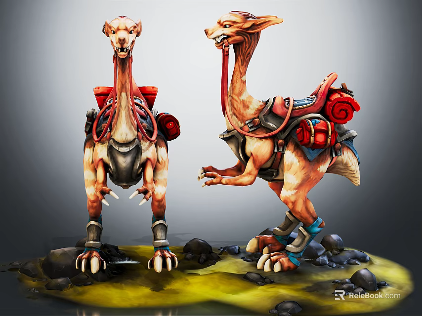 Mythical Fantasy Creatures With Decorative Saddles Red Packs On Rocky Ground And Stones 3d model 