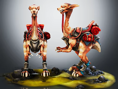 Mythical Fantasy Creatures With Decorative Saddles Red Packs On Rocky Ground And Stones 3d model