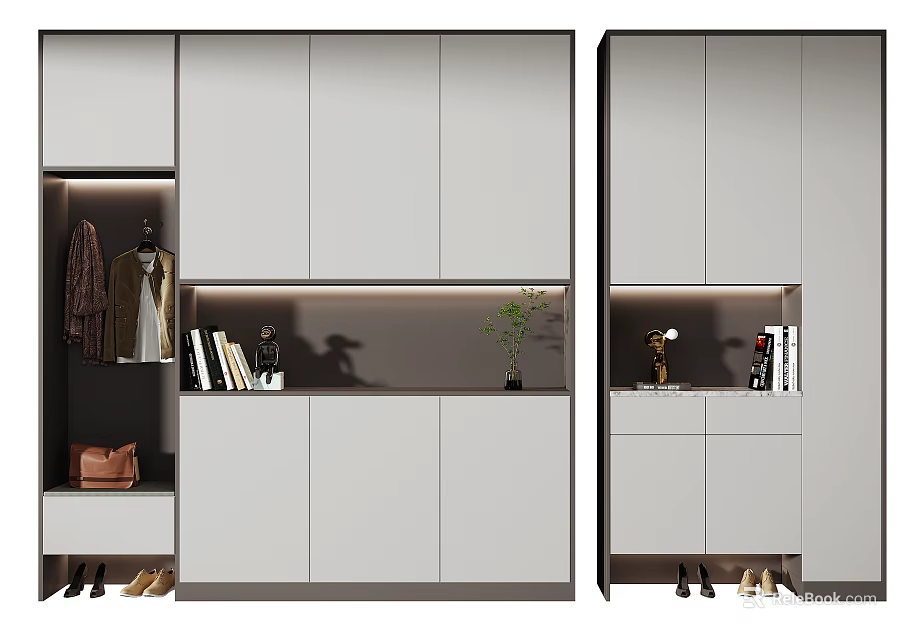Modern Shoe Cabinet Design With Storage Space Clothing Rack And Decorative Elements 3d model