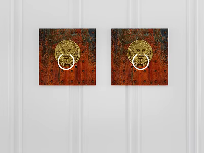 Traditional Red Square Door Knockers With Golden Circular Designs And Silver Rings On White Wall 3d model