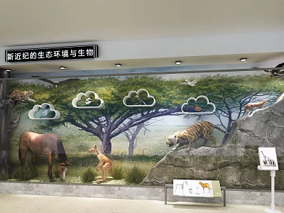 Local Indoor Ecological Environment Mural Featuring Horses Kangaroos Tigers Trees And Rocks 3d model