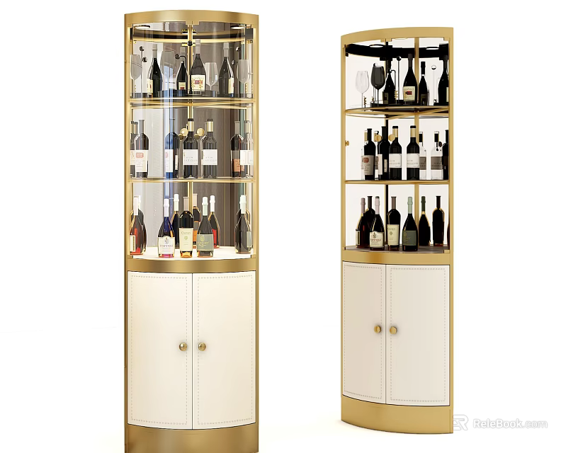 Modern Curved Wine Cabinet With Gold Frame White Doors And Glass Storage For Wine Bottles 3d model 
