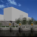 Modern Garden Landscape With White Building Stone Steps Waterfront Railing Green Plants And Blue Sky