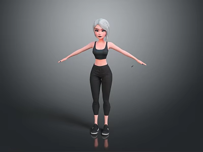 Child With Silver Gray Hair In Black Sports Outfit Stretching Arms Against Gray Background 3d model