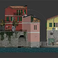 Vibrant Colored Buildings with Small Bridge Water and Boat in Miniature Model