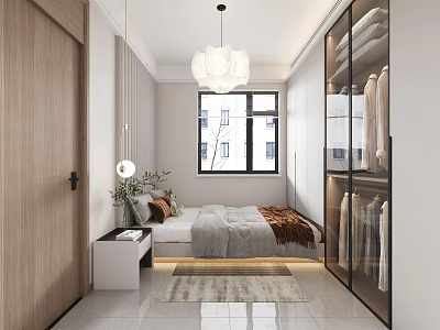 Modern Tatami Bedroom Interior Design With Tatami Bed Glass Door Wardrobe Nightstand And Pendant Light 3d model