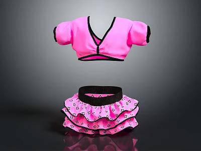 Pink V Neck Top And Layered Ruffled Skirt Set With Black Trim Fashion Design 3d model