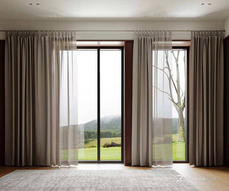 Double Layer Sheer And Dark Curtains For Window With Mountain View And Wooden Floor 3d model 