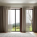 Double Layer Sheer And Dark Curtains For Window With Mountain View And Wooden Floor