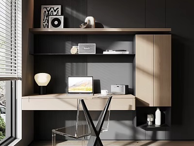 Modern Desk Setup With Laptop Table Lamp Speaker Books Decor Transparent Chair And Natural Light 3d model