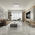 Modern Minimalist Living Dining Room Open Concept With Marble Floor Gray Tone Sofa And Artwork