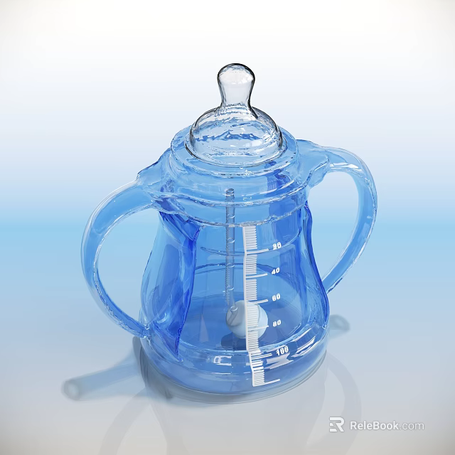 Clear Blue Baby Bottle With Two Handles And Measurement Scale For Infant Feeding 3d model 