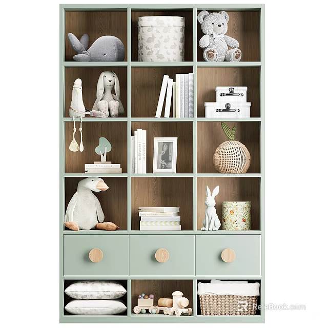 Cute Stuffed Animal Dolls On Wooden Display Shelf With Books Photo Frame And Storage Basket 3d model 