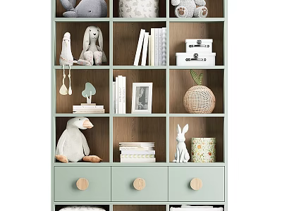 Cute Stuffed Animal Dolls On Wooden Display Shelf With Books Photo Frame And Storage Basket 3d model
