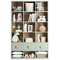 Cute Stuffed Animal Dolls On Wooden Display Shelf With Books Photo Frame And Storage Basket