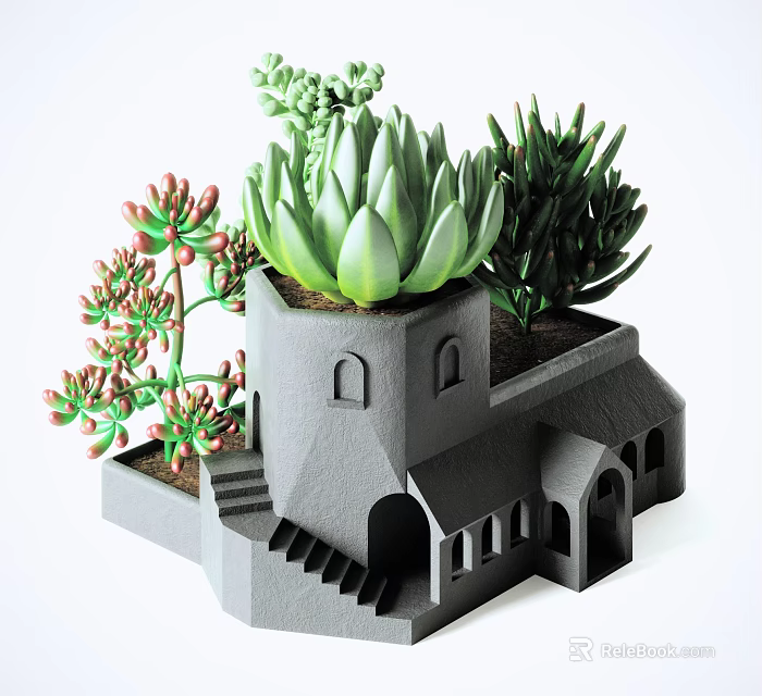 Creative Bonsai Succulent Plants In Gray House Shaped Pot With Windows Door And Stairs Design 3d model 