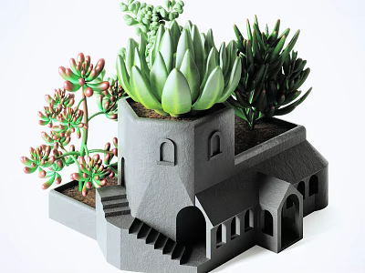 Creative Bonsai Succulent Plants In Gray House Shaped Pot With Windows Door And Stairs Design 3d model