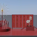 Red Themed Display With Chinese Calligraphy Scrolls Firework Decoration And White Flower
