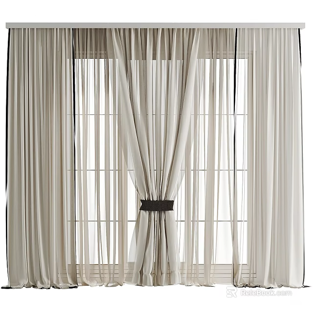 White Sheer Light Filtering Curtains With Black Tieback For Modern Window 3d model