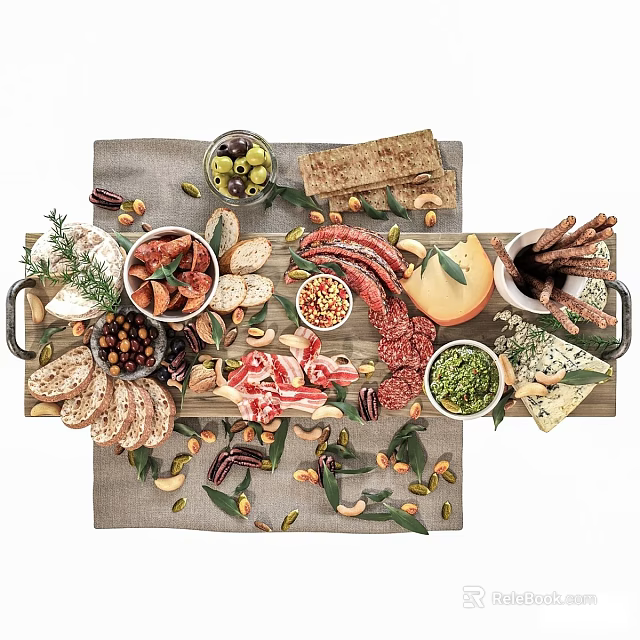 Assorted Charcuterie Platter With Sausages Meat Slices Cheese Nuts Olives Bread Served On Wooden Tray 3d model 