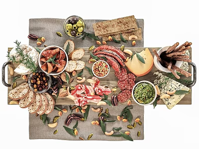Assorted Charcuterie Platter With Sausages Meat Slices Cheese Nuts Olives Bread Served On Wooden Tray 3d model