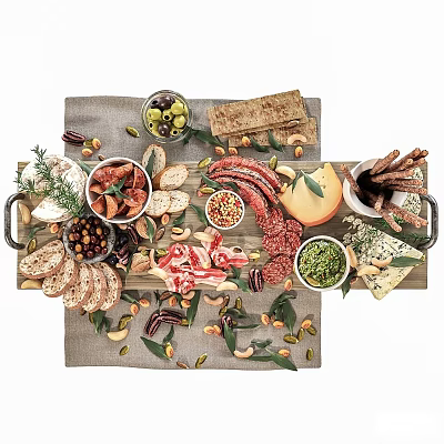 Assorted Charcuterie Platter With Sausages Meat Slices Cheese Nuts Olives Bread Served On Wooden Tray 3d model