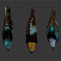 Three Colorful Birds With Vibrant Blue Yellow Green Feathers On Dark Background