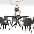 Modern Round Dining Table Set With Gray Upholstered Chairs And Dried Flower Decor 3d model