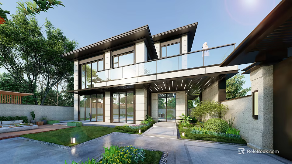 Modern Single Family House Exterior With Large Glass Windows Balcony And Greenery Lawn 3d model 