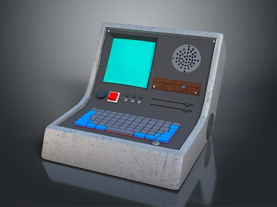 Vintage Industrial Control Panel With Green Screen Blue Keyboard Circular Speaker And Gray Casing 3d model