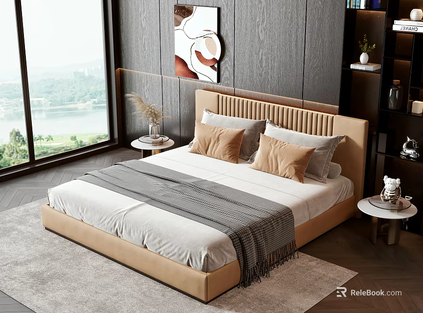 Double Bed With Beige Vertical Striped Headboard White Sheets Gray Throw And Light Brown Pillows 3d model