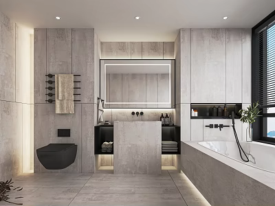 Modern Bathroom Interior With Concrete Walls Bathtub Vanity Mirror And Black Toilet 3d model