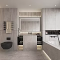 Modern Bathroom Interior With Concrete Walls Bathtub Vanity Mirror And Black Toilet