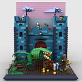 Building Blocks Castle Toy Set With Blue Walls Green Dragon Figures Mini Characters And Flags