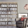 Wooden Bookshelf Filled With Books Comfy Armchair Red Cushion Floor Lamp Wall Art