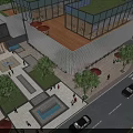 Aerial View Planning of Modern Commercial Plaza with Glass Buildings Green Rooftops and Pedestrian Areas