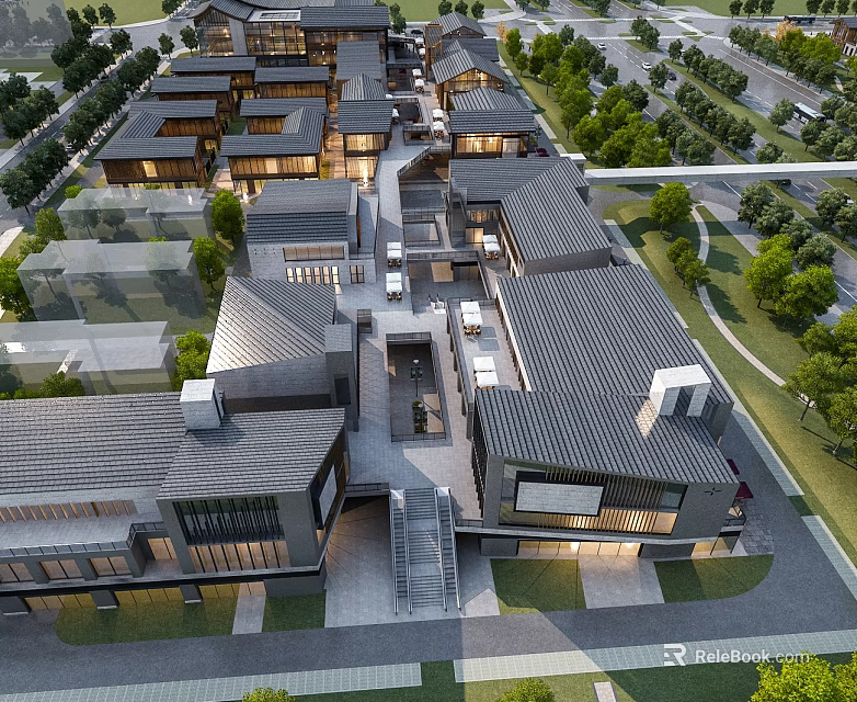 Traditional Modern Commercial Street With Grey Tile Roofs Courtyard And Green Trees 3d model 