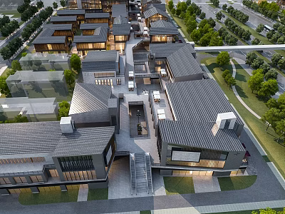 Traditional Modern Commercial Street With Grey Tile Roofs Courtyard And Green Trees 3d model
