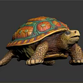 Colorful Decorative Turtle Sculpture With Patterned Shell On Dark Reflective Background 3d model