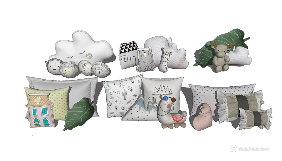 Cute Decorative Pillows With Cartoon Shapes Various Patterns And Soft Textures For Home Decor 3d model