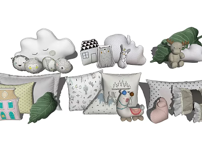 Cute Decorative Pillows With Cartoon Shapes Various Patterns And Soft Textures For Home Decor 3d model