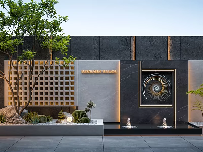 Modern Luxury Garden Landscape With Grid Wall Water Feature Green Vegetation And Marble Elements 3d model