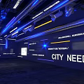 Futuristic CITY WEEKLY Event Venue Interior With Blue Lighting And Large Screens