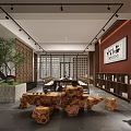 Tea House Interior Featuring Traditional Chinese Lattice Doors And Wooden Furniture