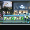 Modern Bus Stop With Blue Roof Advertising Screens And McDonald's Nearby Green Plants Trash Can